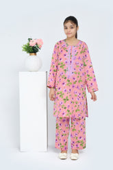 Plum 100% Cotton Lawn Peach Pink Colour Printed Purple Green Flowers Embroidered Purple threads On Stitched 2 pc suit for Girls.
